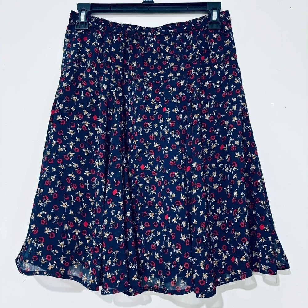 Old Navy XS Floral Navy blue red A Line Pull On chiffon flirty preppy mini skirt